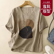 【慢。生活】文藝復古印花休閒棉麻T恤 6164  FREE 卡其色