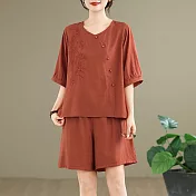 【ACheter】 套裝時尚大碼寬鬆刺繡上衣休閒短褲兩件式# 125382 L 橘色