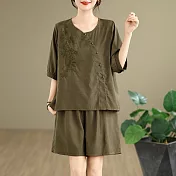 【ACheter】 套裝時尚大碼寬鬆刺繡上衣休閒短褲兩件式# 125382 L 綠色