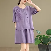 【ACheter】 套裝時尚大碼寬鬆刺繡上衣休閒短褲兩件式# 125382 L 紫色
