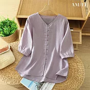 【AMIEE】棉麻V領寬鬆五分袖防曬襯衫上衣(KDTY-9072) M 紫色