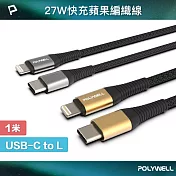 POLYWELL Type-C To Lightning 編織線 /1M 槍灰色