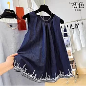 【初色】通勤風圓領壓褶刺繡花邊透氣寬鬆背心上衣女上衣-藍色-13679(M-2XL可選) M 藍色