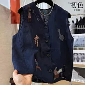【初色】文藝重工刺繡亞麻風單排釦輕薄寬鬆中長外搭V領背心女背心-共2色-13698(M-2XL可選) M 藏青色