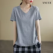 【AMIEE】短袖寬鬆V領休閒貼布打底衫T恤(KDTY-A6632) M 灰色