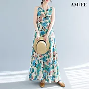 【AMIEE】棉麻印花圓領無袖連衣裙(KDDY-8610) L 藍色花