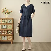 【AMIEE】棉麻A字版中長款短袖連衣裙(KDDY-2863) M 藏青