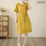 【AMIEE】棉麻A字版中長款短袖連衣裙(KDDY-2863) M 黃色