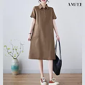 【AMIEE】純色棉麻翻領短袖連衣裙(KDDY-2269) M 卡其色