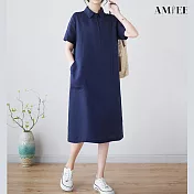【AMIEE】純色棉麻翻領短袖連衣裙(KDDY-2269) M 藏青色