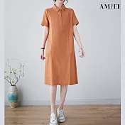 【AMIEE】純色棉麻翻領短袖連衣裙(KDDY-2269) M 橘色