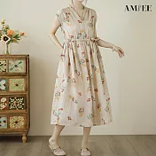 【AMIEE】棉麻復古碎花印花優雅長裙(KDDY-2861) M 圖片色