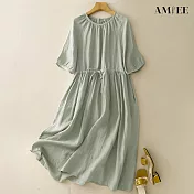 【AMIEE】棉麻中長款抽繩寬鬆減齡連衣裙(KDDY-2823) M 圖片色