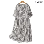 【AMIEE】印花棉麻中長款圓領v領連衣裙(KDDY-2866) M 圖片色