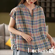 【Lockers 木櫃】復古短袖寬鬆麻衫 L114071801 F 格子F