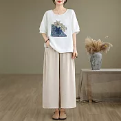 【ACheter】 大碼印花短袖T恤上衣加寬長褲2件式套裝# 125425 L 白色
