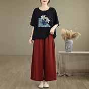 【ACheter】 大碼印花短袖T恤上衣加寬長褲2件式套裝# 125425 L 黑色