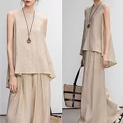 【ACheter】 冰絲麻套裝慵懶高級背心上衣休閒長褲2件式# 125431 M 杏色