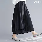 【AMIEE】棉麻闊腿褲文藝純色高腰九分褲裙(KDPY-951B) FREE 黑色