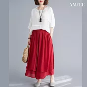 【AMIEE】棉麻闊腿褲文藝純色高腰九分褲裙(KDPY-951B) FREE 紅色