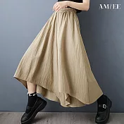 【AMIEE】寬鬆闊腿褲顯瘦不規則休閒大擺褲裙(KDPY-2238) FREE 卡其色