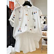 【ACheter】 卡通刺繡棉麻短袖短褲兩件式套裝# 125452 M 白色