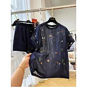 【ACheter】 卡通刺繡棉麻短袖短褲兩件式套裝# 125452 M 藏青色