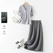 【MsMore】 藍灰V領氣質短袖半身長裙2件式套裝# 125519 M 藍色