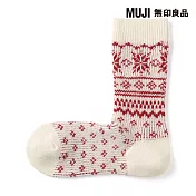 【MUJI 無印良品】女足口柔軟羊毛混雪花紋直角襪23-25cm 柔白紋樣