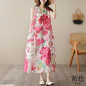 【初色】休閒清涼粉色印花寬鬆透氣百搭圓領無袖連身裙洋裝-花色-70164(M-XL可選) M 花色