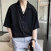 【AMIEE】設計感西裝內搭短袖古巴領襯衫(男裝/KDTY-C99) M 黑色
