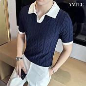 【AMIEE】V領提花紋理修身短袖針織Polo衫(男裝/KDTY-M45) M 藏青