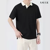 【AMIEE】港風復古短袖polo衫上衣(男裝/KDTY-A09) M 黑色