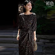 【初色】氣質碎花印花收腰顯瘦大圓領長袖連衣裙連身洋裝長洋裝-花色-13165(M-XL可選) M 花色