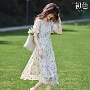 【初色】法式浪漫風方領泡泡短袖碎花修身中長連衣裙連身洋裝-米色-13230(M-2XL可選) M 米色