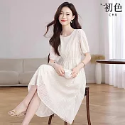 【初色】氣質優雅風修身純色壓紋圓領收腰A字裙中長連衣裙連身洋裝-米白色-13178(M-2XL可選) M 米白色