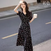 【初色】甜美風碎花V領短袖修身中長連衣裙連身洋裝-黑色-13175(M-2XL可選) M 黑色