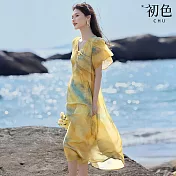 【初色】暈染V領短袖修身中長連衣裙連身洋裝-共2色-13228(M-2XL可選) M 黃綠色