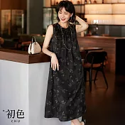 【初色】國風氣質蝴蝶印花直筒皺褶領口無袖背心裙連衣裙連身洋裝長洋裝-黑色-13162(M-XL可選) M 黑色