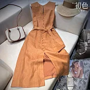【初色】純色圓領無袖單排釦收腰中長連衣裙連身洋裝-橘色-13227(M-2XL可選) M 橘色