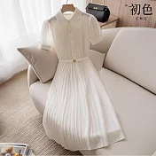【初色】法式氣質收腰顯瘦金釦翻領短袖雪紡連衣裙連身洋裝長洋裝-白色-13226(M-2XL可選) M 白色