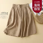 【慢。生活】文藝復古棉麻五分短褲 6070 FREE 卡其