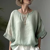 【慢。生活】棉麻圓領落肩連袖上衣 62296  FREE 綠色