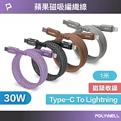 POLYWELL 磁吸收納PD快充線 Type-C To Lightning /1米  /咖啡色