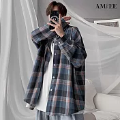 【AMIEE】韓版潮流格紋帥氣襯衫上衣(男裝/KDTY-722B) M 藍色