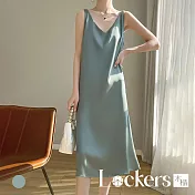 【Lockers 木櫃】韓國緞面V領連衣裙 L114081303 M 綠色