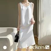 【Lockers 木櫃】韓國緞面V領連衣裙 L114081303 M 白色