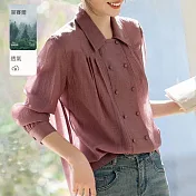 【MsMore】 清雅襯衫氣質抽褶設計感雙排扣長袖上衣# 125696 M 紫色