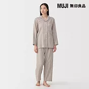 【MUJI 無印良品】女無側縫二重紗織長袖家居睡衣 S 摩卡棕直紋