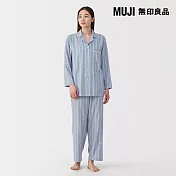 【MUJI 無印良品】女無側縫二重紗織長袖家居睡衣 S 淡藍直紋